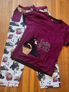 Huckle Beary Pajama Set - Burgundy Top with Printed Pants